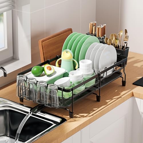 WIWIUXY Dish Drying Rack - Extendable Dish Rack, Multifunctional Dish Rack for Kitchen Counter, Anti-Rust Drying Dish Rack with Removable Cutlery & Cup Holders, Black