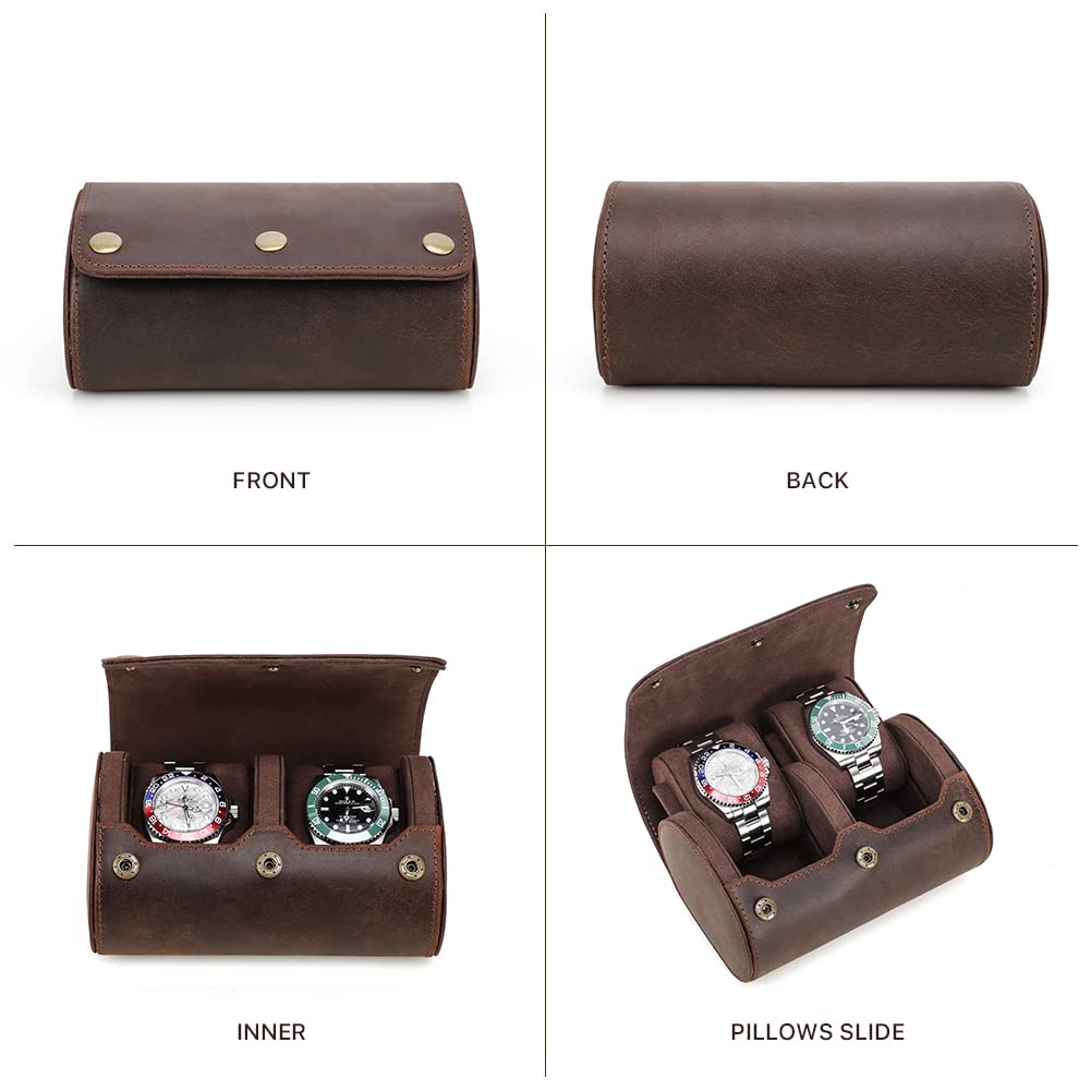 CONTACTS Boîte de voyage en cuir véritable pour montres, rouleau, boîte organisatrice pour 2 montres, manche portable protecteur pour affichage de montre, pour voyage vintage (Coffee-CF1137)