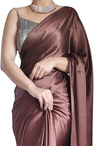 KRAFTLO Women's Ready to Wear Coffee silk satin Indian Saree