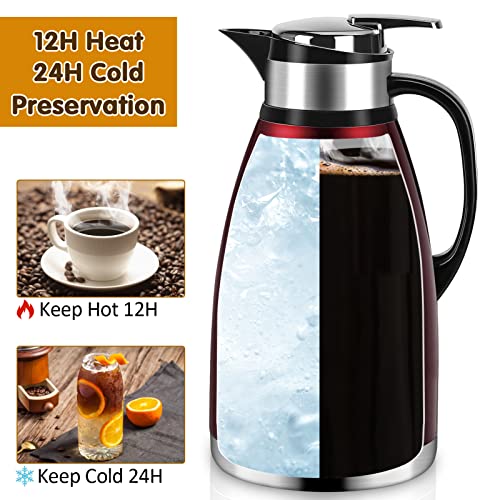 68 Oz Thermal Coffee Carafe,2 Liter Stainless Steel Thermos Carafe,Double Wall Insulated Coffee Server,Fully Sealed Coffee Thermos Dispenser Keep Hot 12 Hours,Vacuum Thermal Pot for Coffee,Tea (Red)