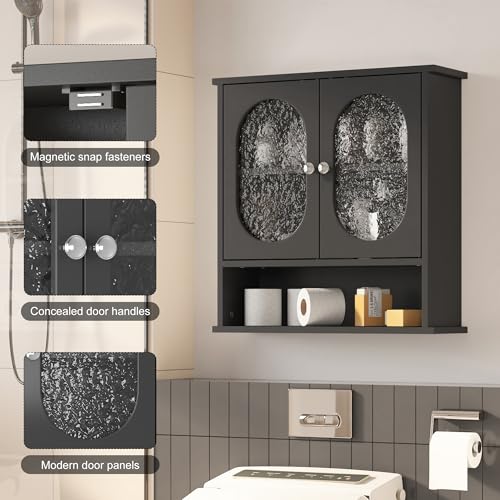 Armario de medicamentos para baño, 23x24 pulgadas, color negro, con 2 puertas acrílicas ovales, estante abierto, estilo moderno y ahorrador de espacio, para baño, cuarto de lavado o cocina miniatura 4