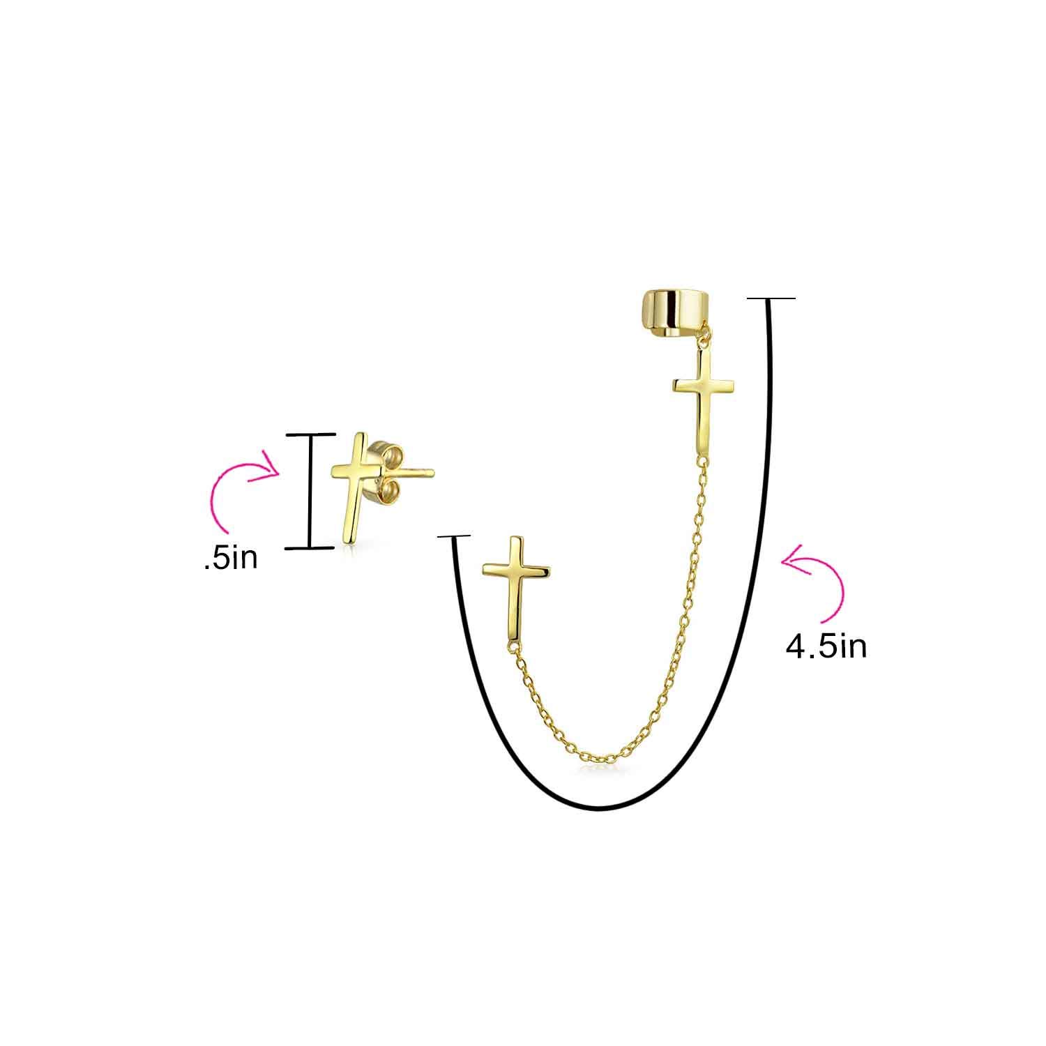 Religiöses Kreuz Ohrläppchen Knorpel Ohrring Clip On Helix Linear Long Wrap Chain Ear Cuff Stud Earring Set 14K Gold Vergoldet .925 Sterling Silber
