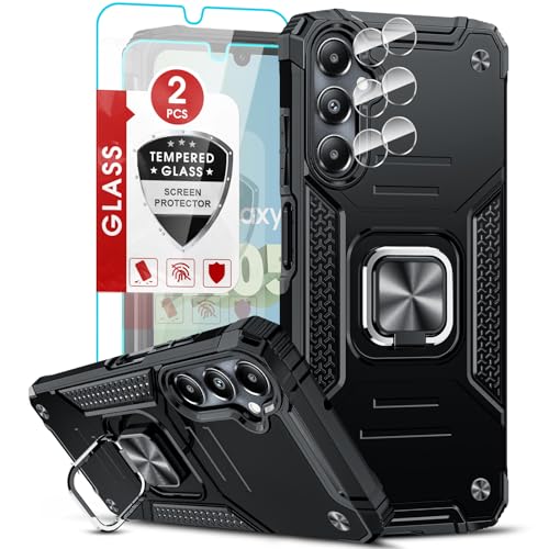 LeYi Funda para Samsung Galaxy A05S/A 05s Carcasa con 2× Protector de Lente de Cámara,2× Cristal Templado, Armor Cover con 360 Grados Magnetic Anillo PC y Silicona TPU Bumper antigolpes Case, Negro