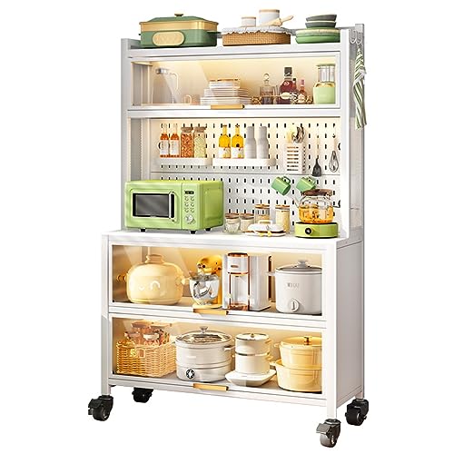 Estante de metal de 5 niveles con cajones, gabinete grande para barra de café, puerta abatible transparente, placa trasera de 4 ganchos, organizador de almacenamiento de cocina (color: bianco)