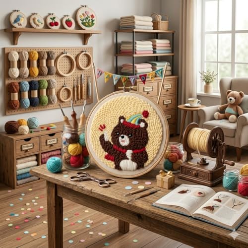 Image of Punch Needle Kit, Cute Cartoon Bear Embroidery, Embroidery Starter Kit for Beginners, Mother's Day, Children's Day, Birthday Gifts & Decorations, 7.87x7.87inch
