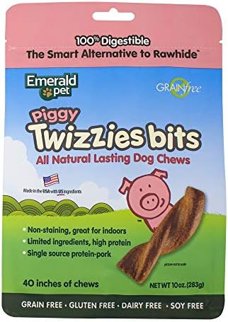 Emerald Pet - Dog Chews, Pork Chew Treats, Rawhide Free, All-Natural Mini Chew Sticks, Lasting Dog Treat, 100% Digestible, Grain-Free, Gluten-Free (Twizzie Bits Bag, 10 Ounce)