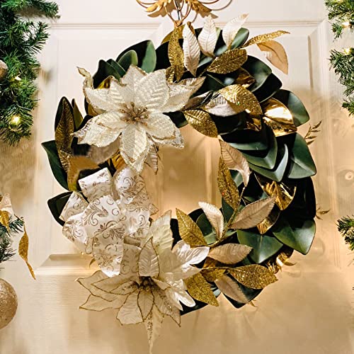 Zabrina 12 Pcs 5.11 In Christmas Tree Decorative Silk Flower Gold Poinsettia Bush And Red Poinsettia Bush Artificial Flowers Red Glitter Poinsettia Christmas Tree Ornaments (Gold) #TOP4