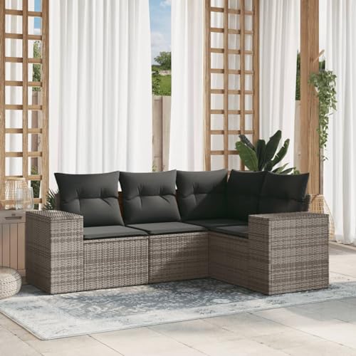 Xichuzi 4-TLG. Garten-Sofagarnitur mit Kissen Grau Poly Rattan, Lounge Gartenmöbel Set, Möbelsets, Balkon Möbel, Gartenlounge, Gartensofa - 3222509
