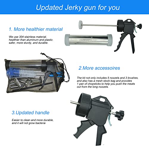 Jerky Gun Kits, Easy-Clean Jerky Maker, Jerky Shooter, 1 Pound Stainless Steel Beef Jerky Making Gun with 5 Stainless Nozzles and 3 Cleaning Brushes