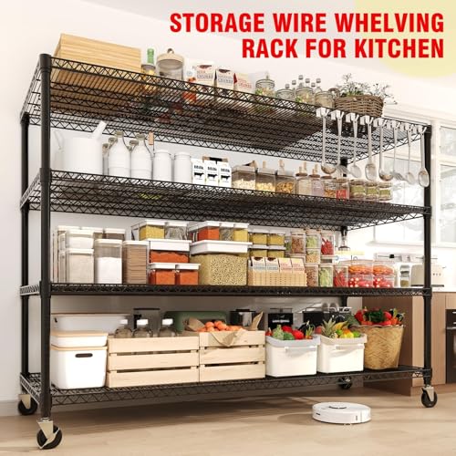 Image of GarveeTech 4-Tier Wire Storage Shelves with Wheels, 2640LBS Heavy Duty Metal Shelving Unit with Adjustable Storage Shelves for Home, Pantry & Warehouse, Easy Assembly, 73.8 inch H x 59W x 23.9 inch D