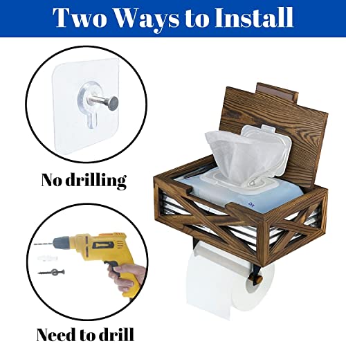SONLOYO Wooden Rustic Toilet Paper Holder with Shelf and Storage, Adhesive or Screw Wall Mount Flushable Wipes Dispenser, Farmhouse Bathroom Decor and Accessories - Image 5