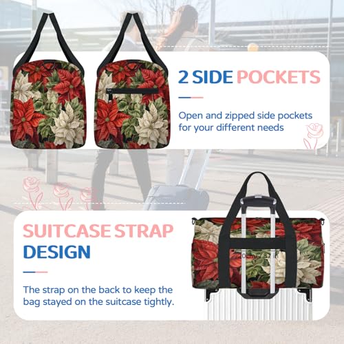 Poinsettia Flower Sports Duffle Bag for Women Men Waterproof Overnight Weekender Bag with Adjustable Strap Travel Tote Bags for Beach Yoga Work Dance Swim4