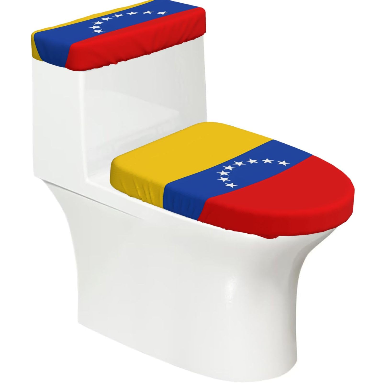 Wzycwb Black Flag Of Venezuela 2-Piece Toilet Seat Cover Set With Tank Lid, Elastic Fit For U-Shape & Elongated Toilets, Bathroom Decor, Housewarming Gift