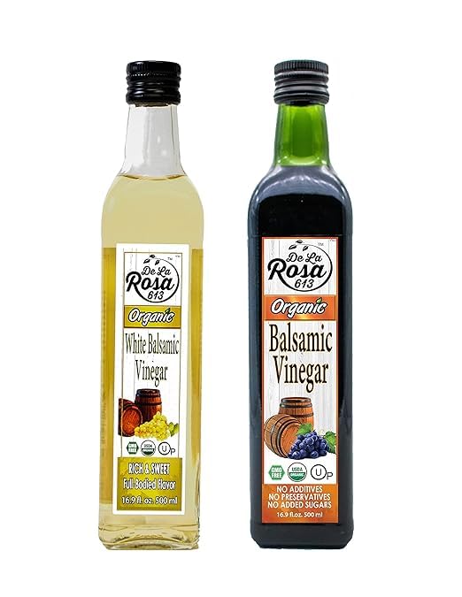 De La Rosa - Vinagre balsámico orgánico blanco y oscuro, Kosher para Pascua, vegano y sin gluten, ideal para aderezos de ensalada, adobos, vinagre De La Rosa - Vinagre balsámico orgánico blanco y oscuro, Kosher para Pascua, vegano y sin gluten, ideal para aderezos de ensalada, adobos, vinagre