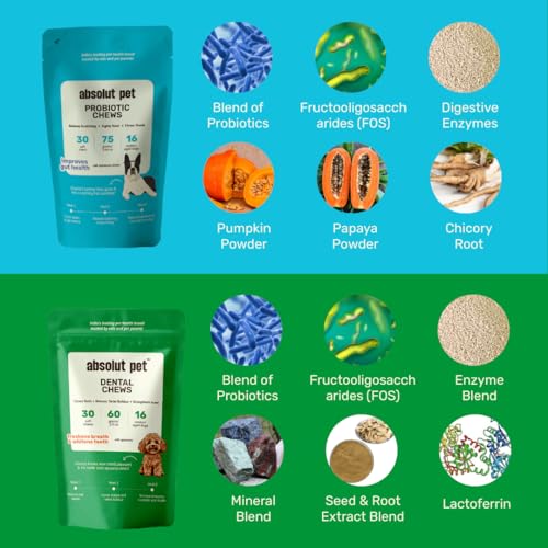 Image of Absolut Pet Dog Supplement for Oral Care, Dental Chews for Dogs that Reduces Plaque & Tartar | Freshens Breath & Supports Gum Health (Dental + Probiotic)