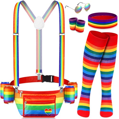 Mepase Rainbow Fanny Pack Pride Accessories 70s 80s Outfit Beverage Beer Belt Set for Halloween Party(Rainbow)