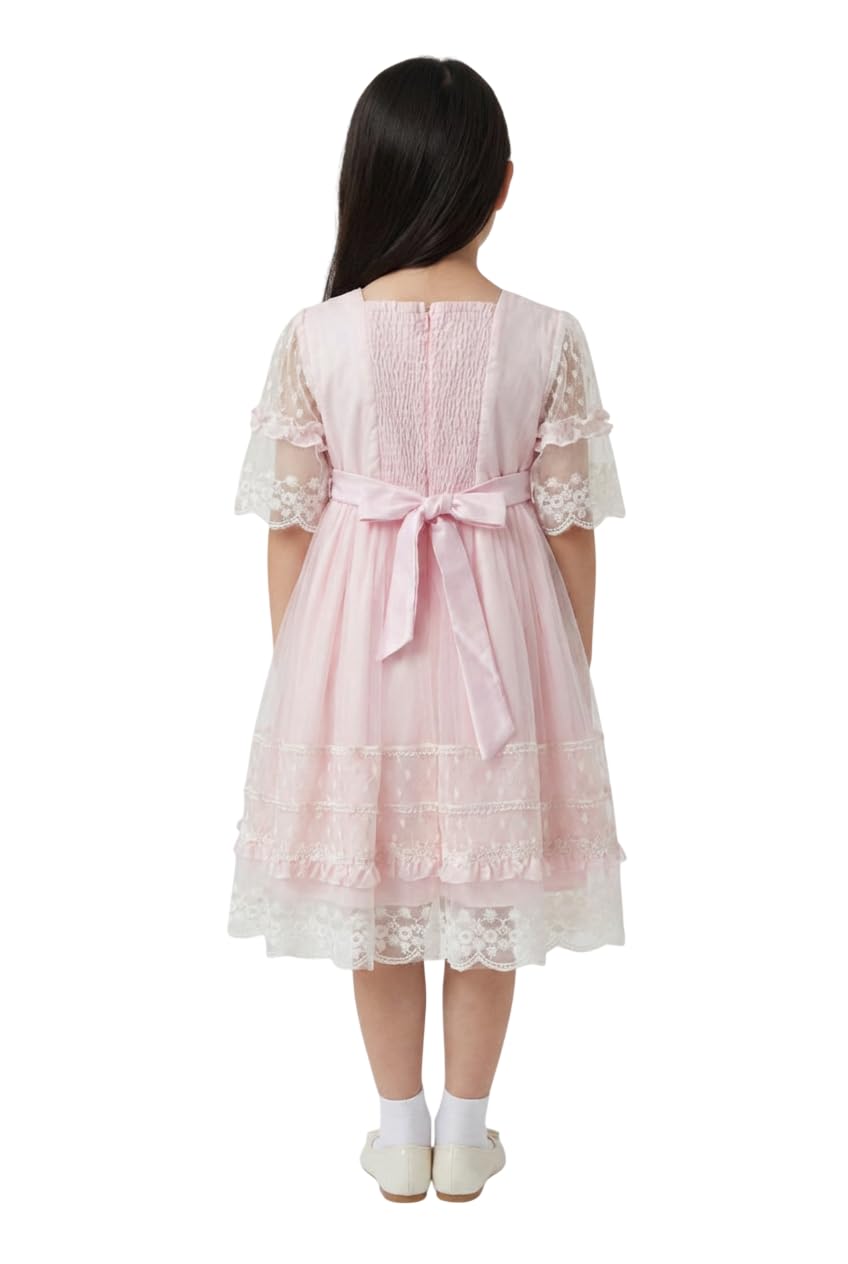 Vestido Rosa de Encaje con Mangas Transparentes Bordadas para bebés y niñas, Ideal para Bodas y Fiestas