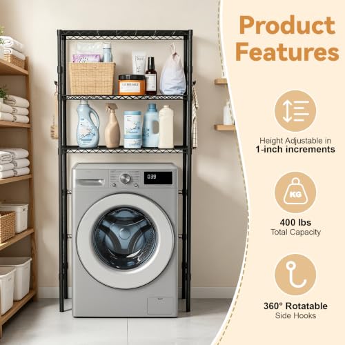 Image of 1 Set Over The Toilet Storage, 3-Tier Bathroom Laundry Storage Rack Space-Saving Organizer Household Supplies (Black-L)
