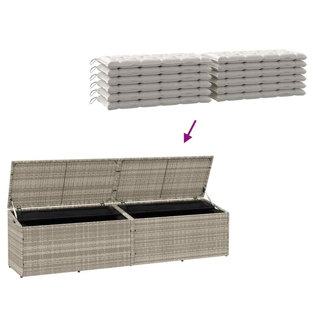 Caja de almacenamiento de jardín gris claro 220x50x58 cm de resina trenzada, cofre de jardín poliratán con marco de acero, tapa de gas y bolsa impermeable para cojines y juguetes