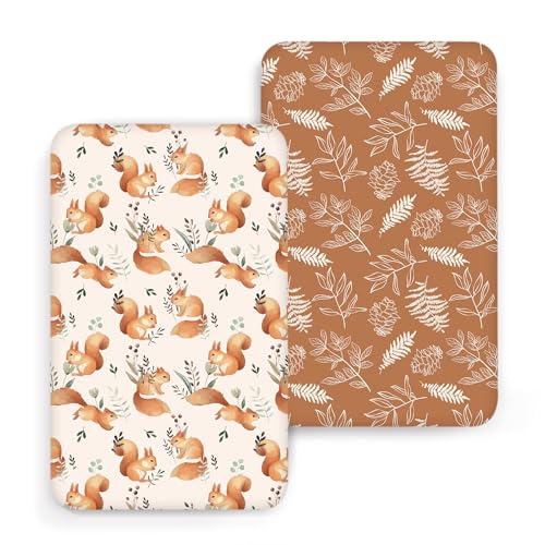 Image of ACRABROS Crib Sheets for Girl Boy: Stretchy Baby Fitted Crib Mattress Sheets Sets 2 Pack Standard Size Ultra Soft Neutral, Squirrel&Leaf