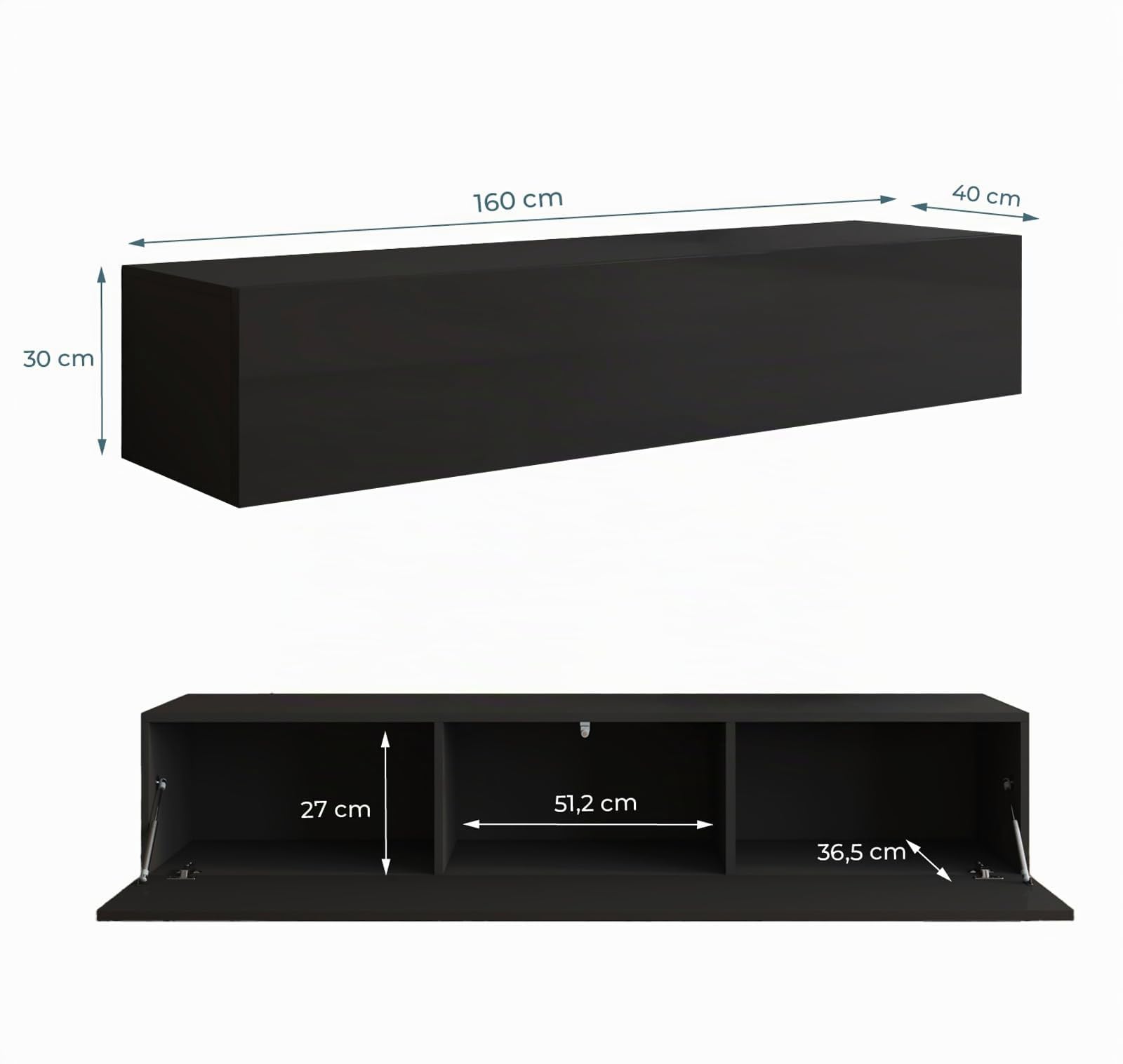 MB Muebles Bonitos, Meuble TV Mural Nora H2 pour Salon Moderne, Meuble Suspendu avec 1 Porte 3 Compartiments, Couleur Noir, 160x30x40 cm