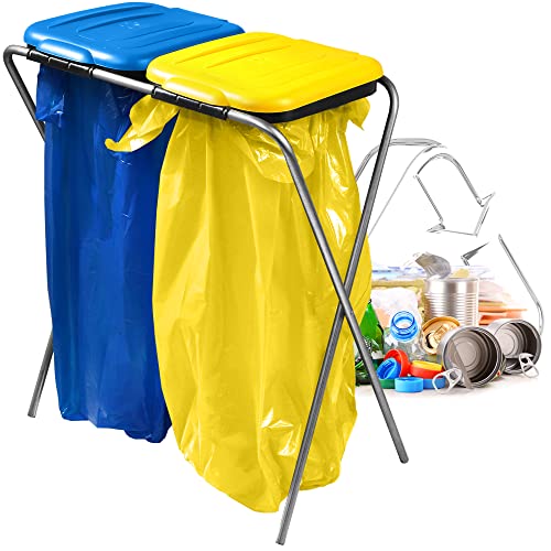 KADAX Soporte doble para bolsas de basura, para bolsas de basura en 5 colores, soporte para separación de residuos con tapa de plástico, soporte para bolsas de basura de 120 L (azul y amarillo)