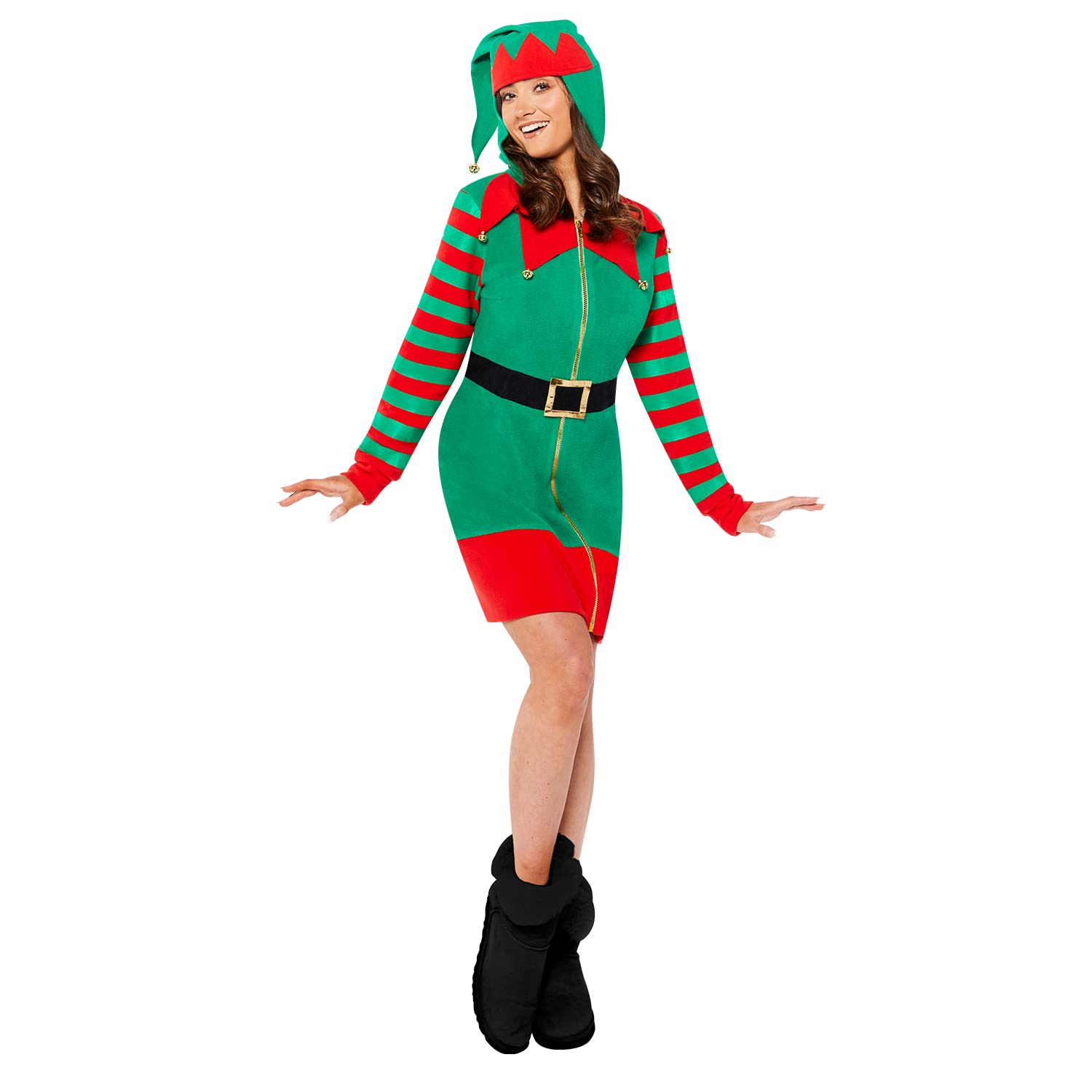 Adults Hooded Elf Fancy Dress Christmas Hoodie Costume Ladies Womens Xmas Party