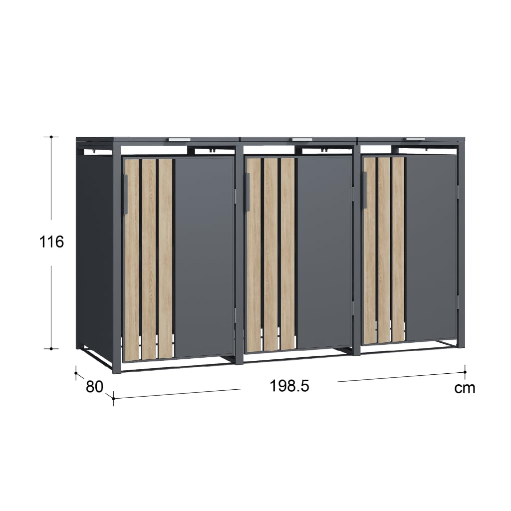 Abri Poubelles 3 Bacs à Toit Plat, Acier Galvanisé Gris et Effet Bois