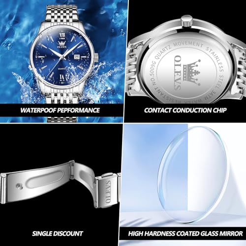 Image of OLEVS Mens Watch Stainless Steel Analog Quartz Watches for Men Day Date Easy Read Diamond Waterproof Dress Luxury Classic Casual Big Face Blue /Black /Gold /Silver Roman Arabic Numerals Men's Wrist Watch