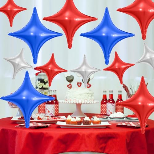 Image of Red Blue Silver Star Balloons,12Pcs Four Angle Star Foil Balloons