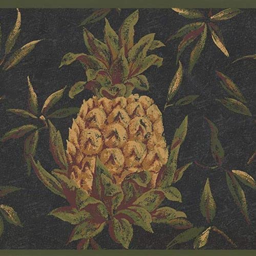 Concord Wallcoverings Modern Pineapples Wallpaper Border Featuring Pineapples On A Black Background, Colors Yellow Green And Black, Size 9 Inches By 15 Feet Lh2054B #TOP21