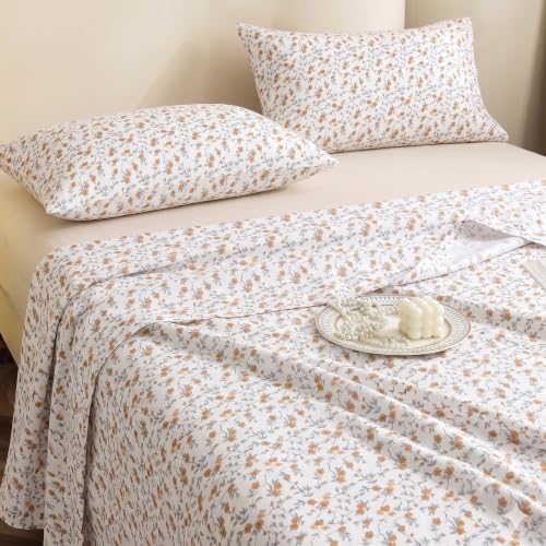 Image of IVAZA 240 TC Soft Ezyption Cotton Floral Print King Size Bedsheet - with 2 Pillow Covers, Hypoallergenic, Brethable, (Size- 90 x 90 Inch) Brown & White