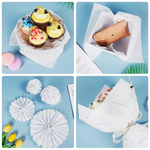 Weiß Seidenpapier für Geschenktüten, 60 Blatt Glitzer Seidenpapier Verpackungsmaterial, Weiß Bastelpapier mit Metallic-Folie, Glänzendes Geschenkpapier für Geburtstage, Weihnachten, 50 x 35 cm