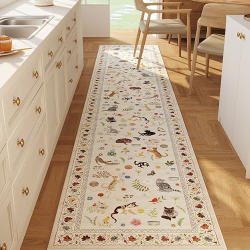 Runners for Kitchen Runner Rug Non Slip 2'x10' Long Washable Rugs with Rubber Backing Soft Floral Animal Cat Carpet Runner for Kitchen Laundry Bedroom Bathroom, Beige