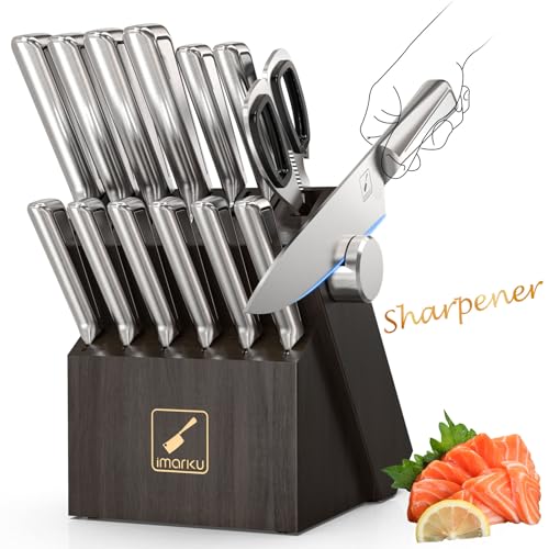 Knife Sets for Kitchen with Block imarku G14 Japanese Knife Set Stainless Steel Kitchen 14pcs, Built-in Sharpener, Sharp Knives with Non-slip Ergonomi