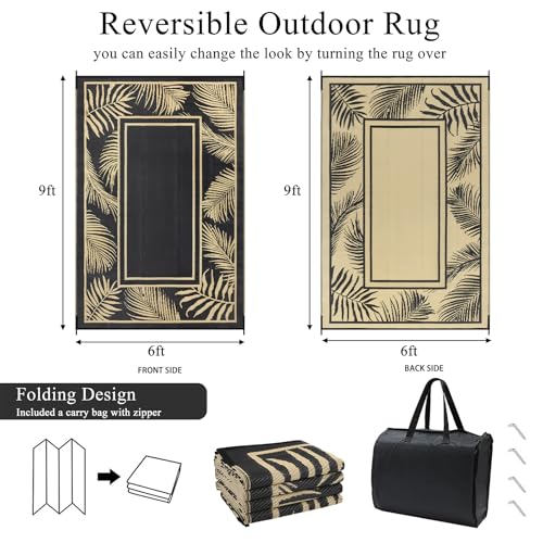 Bsmathom Waterproof Outdoor Rug 6'x9' Reversible Boho Plastic Straw Patio Deck Camping Rugs, Indoor Outdoor Portable RV Mat Clearance Carpet for Outside, Porch, Balcony, Backyard, Beach, Pool,Black