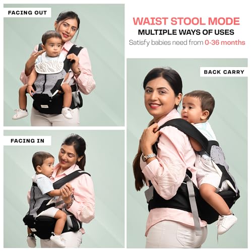 Image of Baybee 6 in 1 NeoNest Baby Carrier for 0 to 3 Year Baby with Hip Seat, Kangaroo Bag, Lumbar Back Support, Breathable Mesh Fabric (Black)