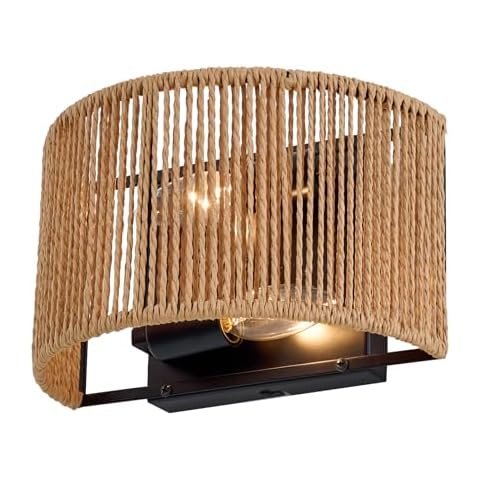 Rattan Boho Wall Sconce, Wall Hanging Lamps with Hand Woven Hemp Rope Shade , Farmhouse Rustic Wicker Black Wall Mount Vintage Sconces Light Fixture Indoor for Living Room Bedroom Bedside Stairway E26 Cover
