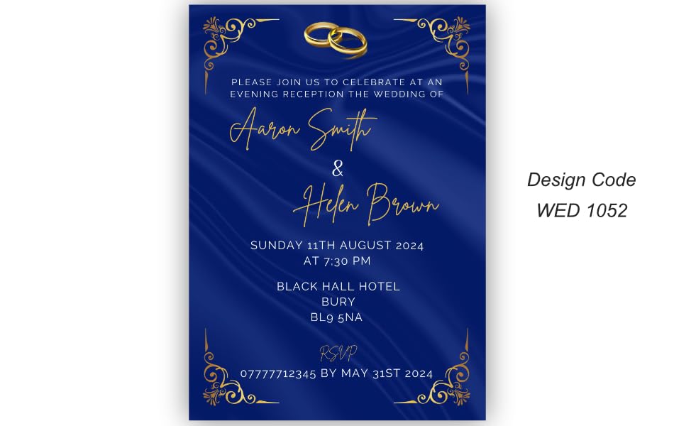 Royal Blue Floral Personalised Wedding Day Invitation Cards - Printed (48 Cards)