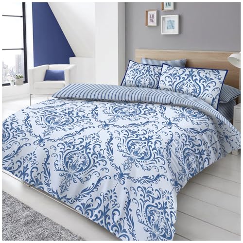 GC GAVENO CAVAILIA Floral Damask Duvet Cover King Size Bed - Luxury Reversible Blue Striped Quilt Cover Set Jacquard Flower Bedding Sets With Matching Pillowcases