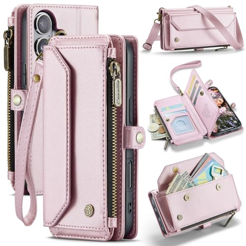 for iPhone 16 Case with 7 Card Slots RFID Blocking Magnetic Closure Zipper Cash Bills Pocket, Premium PU Leather with Crossbody Wristlet Strap - Pink Pink iPhone 16