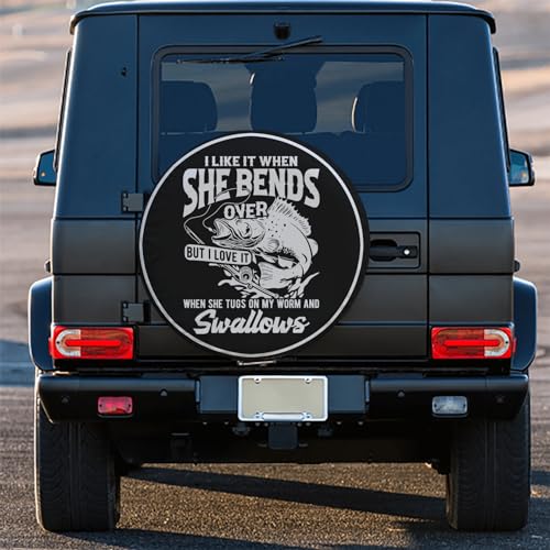 Image of Fishing Humor Spare Tire Cover - 15-inch Black PVC Leather Wheel Protector with Funny Fishing Saying - Waterproof & Durable for RV, Jeep, Trailer, SUV