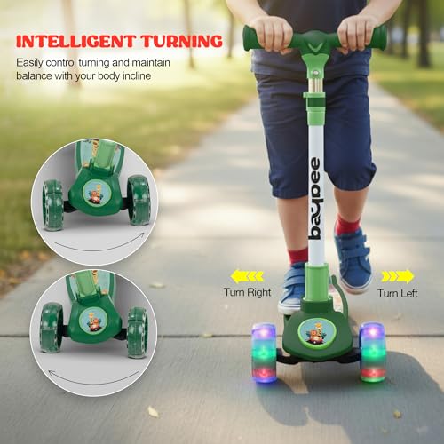 Image of Baybee Kitty Kick Scooter for Kids | Foldable 3 Wheel Kid Scooter with 4 Height Adjustable Handle & Brake | Skate Scooters with LED PU Wheels | Runner Scooters for Kids 3 to 10 Years Boys Girl (Green)