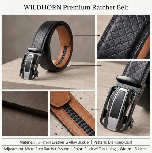 Image of WildHorn Men's Genuine Leather Belt for Men| Premium Auto-Lock Buckle | Adjustable up to 48 inch | Formal & Casual Wear | Micro-Adjust Fit | Stylish Gift Box Included
