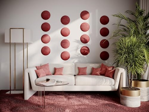 (4 Pack) — Upholstered Velvet Soft Decorative Wall Art Acoustic Headboard Panels | Echo Reducing Sound Absorbing and Round Tiles | Padded Boards | (Round, Rose)