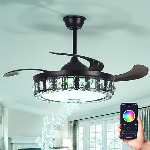 A Million 42″ Black Retractable Ceiling Fan with Light, Modern Chandelier Fan with Smart Bluetooth Speaker, Remote Control 3 Speed and LED Dimmable Fandelier Lighting Fixture