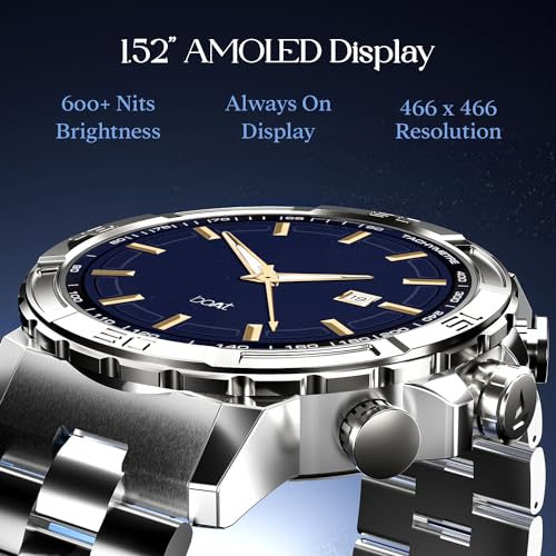 Image of Boat Enigma X700 Smart Watch w / 1.52 inch (3.8 cm) AMOLED Display,Premium Metal Body Design & Functional Crown,Advanced BT Calling,200+ Cloud Watch Faces,World Clock, HR & SpO2,IP67(Silver Chrome)