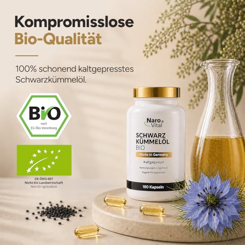 Schwarzkümmelöl Kapseln Bio Kaltgepresst & Naturbelassen - 180 vegane Schwarzkümmel Kapseln Hochdosiert - 1000mg Ägyptisches Schwarzkümmelöl pro Tagesdosis - Black Seeds Oil