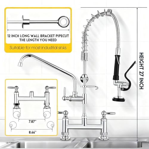 PALUKIA Commercial Sink Faucet, Deck Mount Commercial Kitchen Faucet with 12” Swing Spout, 27" Height for Restaurant Kitchen, Industrial, Utility Sink, 3 Compartment Sink with Pre Rinse Sprayer by PALUKIA - Used condition - Image 4