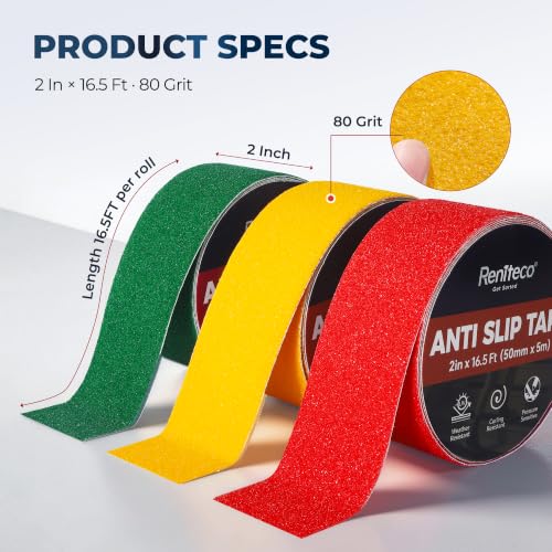 Image of Reniteco Anti Slip Tape 3PC, 2 inch x 16.5Ft Heavy Duty Grip Tape, High Adhesion & Waterproof, No Residue, for Outdoor Stairs, Tile, Shower, Bathtub - Extra Grip Safety Tape (Red, Green, Yellow)